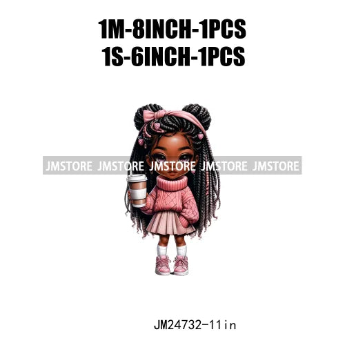 Dreadlocks Coffee Chibi Black Girls Pink Fashion African American Denim Girl Iron On DTF Heat Press Transfer Stickers For Shirts