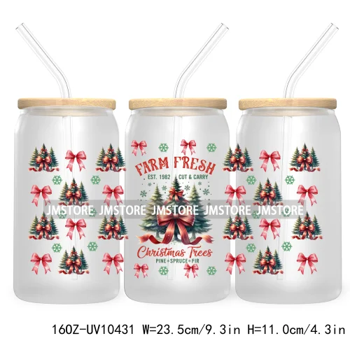 Merry Mama Social Club UV DTF Cup Wraps Transfers Sticker For 16OZ Libbey Glass Can Holiday Christmas Santa Tree Coquette Bow