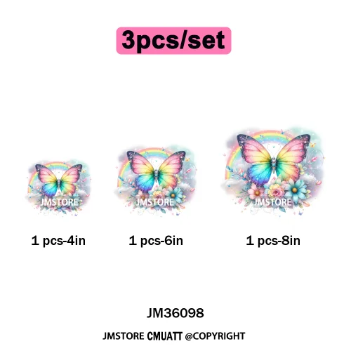 Colorful Sparkling Rainbow Butterflies Flowers Lovers Washable Iron on DTF Transfers Stickers Diy Ready to Press for Clothes