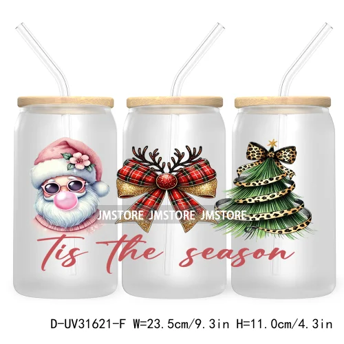 Tis The Season Christmas Tree Santa Coquette Cow 16OZ UV Cup Wrap DTF Transfer Sticker For Libbey Glass Can Cup Tumbler New Year