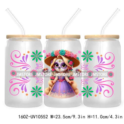 Dia De Los Muertos Mexican UV DTF Sticker For 16OZ Libbey Glass Cup Can Wrap Transfer Stickers Hispanic Halloween Sugar Skulls