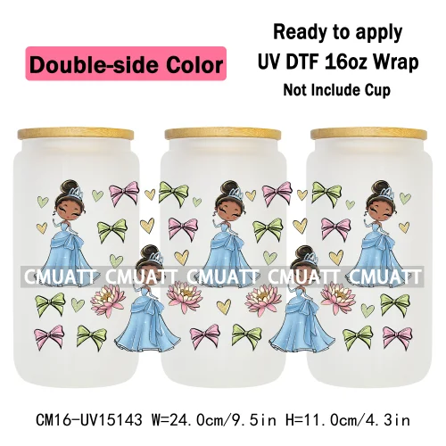 Double Sided Color UV DTF Cup Wraps 16OZ Bulk Waterproof Wholesale Custom Cartoon Cute Princess Mug Glass Water Bottles Sticker