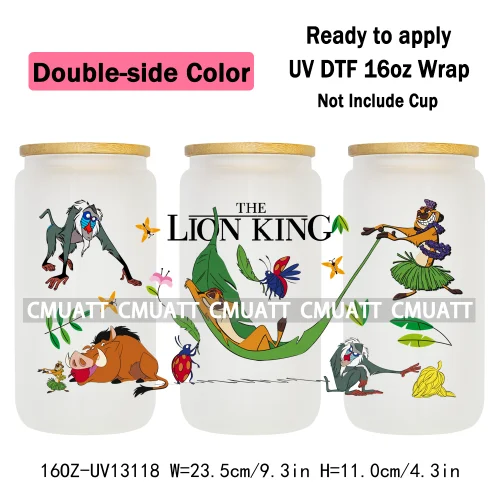 Double Side Color Cartoon Lion UV DTF Cup Wrap Transfer Stickers For 16oz Libbey Glass Beer Selfadhesive Waterproof Adhesive