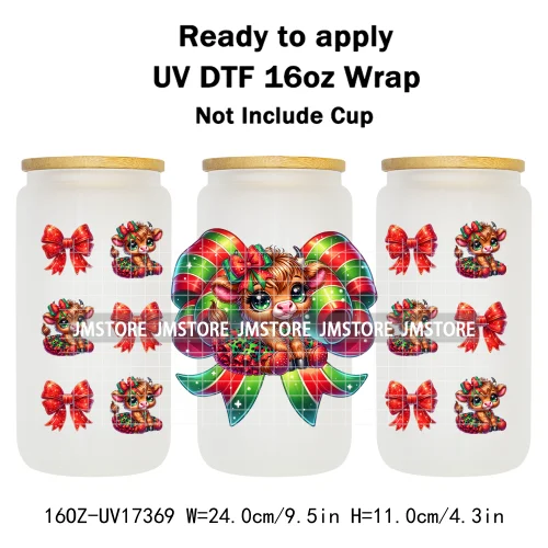 Watercolor Christmas Highland Cows Gift Leopard Print 16OZ UV DTF Cup Wraps Ready To Apply Transfer Sticker For Libbey Glass Can