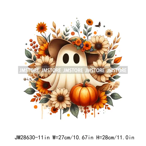 Cute Fall Florals Spooky Ghost Halloween Pumpkins Leaves Autumn  Iron On DTF Transfers Stickers Ready To Press For T-shirts Bags