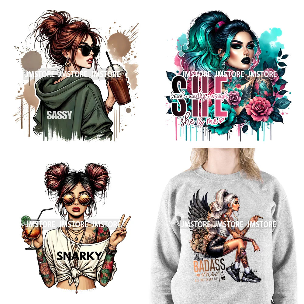 Cool Sarcasm Edgy Tattoo Idgaf Girl Iced Coffee Rebellious Women Iron on DTF Transfers Stickers Ready to Press for Clothing Bags