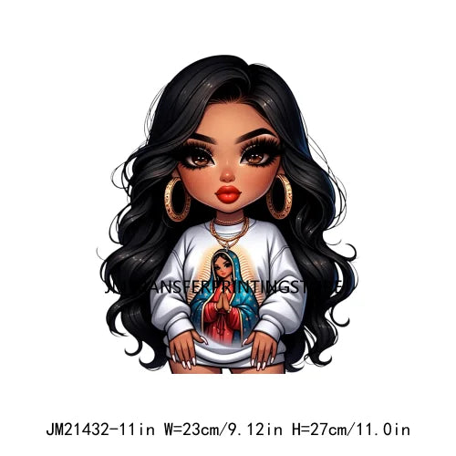 Chibi Cute Chicana Doll Guadalupe Lady Skull Latina Woman Cold Peel Decals Iron On DTF Transfers Stickers For Shirts Bags Pillow