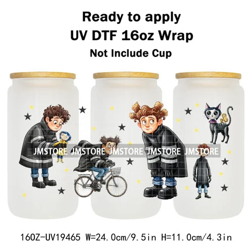 Horror Movie Witchy Girl Black Cat UV DTF Wraps Transfer Sticker Selfadhesive Waterproof High Quality For 16OZ Libbey Glass Can