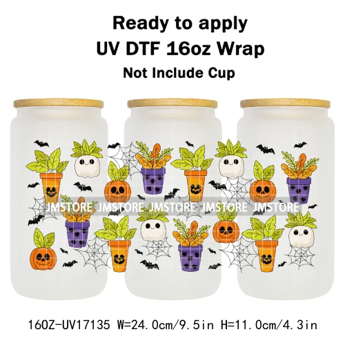 Spooky Season Halloween Pumpkin Ghost Witch Dogs UV DTF Wraps Transfer Sticker Selfadhesive Waterproof For 16OZ Libbey Glass Can