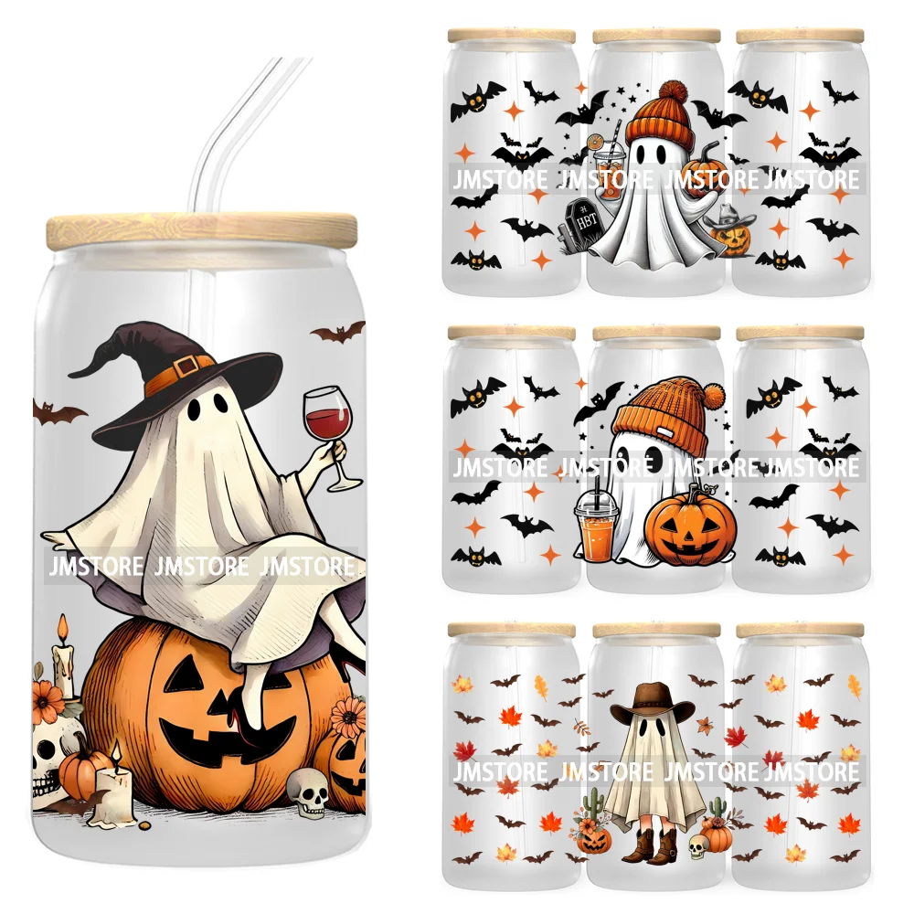 Spooky Ghost Fall Halloween Pumpkin Season UV DTF Sticker For 16OZ Libbey Glass Cup Can Autumn Leaves Wrap Transfer Stickers