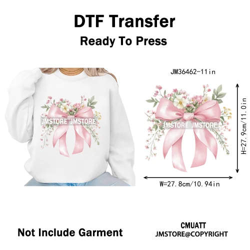 Pink Bow Silk Wedding Coquette Girl Ribbon Tied Printing Iron on DTF Thermal Transfers Stickers Ready to Press for Clothing Bags
