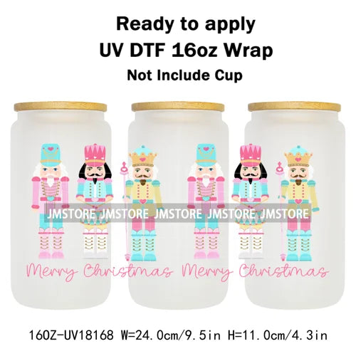 Faux Glitter Preppy Nutcracker Christmas UV DTF Cup Wrap Ready To Apply Transfer Sticker 16OZ Tumbler Wraps For Libbey Glass Can