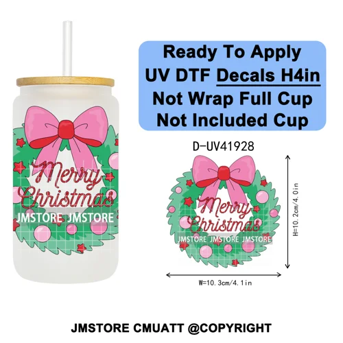 Christmas Santa Claus Patchwork UV DTF Decals Ready To Apply Waterproof Transfer Stickers DIY Crafts For 16OZ Libbey Glass Can