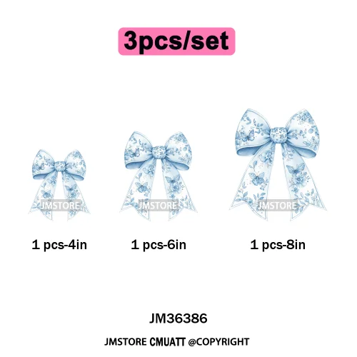 Blue And White Toile Chinoiserie Floral Coquette Bow Thermal Decals Iron on DTF Transfers Stickers Ready to Press for Clothing