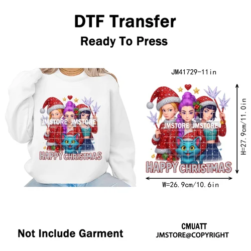 Cute Santa Kpop Inspired Movie Character Merry Christmas Holly Iron on DTF Washable Transfer Stickers Ready to Press for Textile