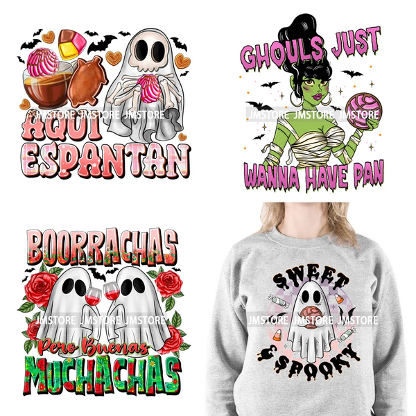 Spanish Espooky Vibes Latina Pantasmas Mexican Halloween Conchas Cucuys Aqui Espantan DTF Iron On Transfers Stickers For Hoodies