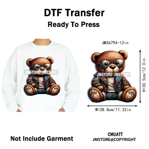 12in Cartoon Gangster Hip Hop Streetwear Teddy Bear Lover Designs Iron on DTF Heat Transfers Stickers Ready to Press for Hoodies