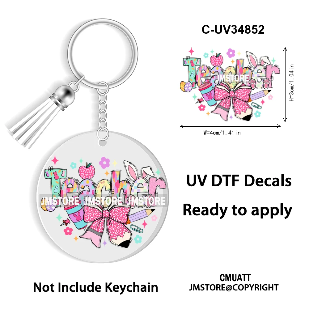 Happy Easter School Teacher Life Retro Coquette Easter Bunny WaterProof UV DTF Sticker For Round Circle Acrylic Keychain Keyring