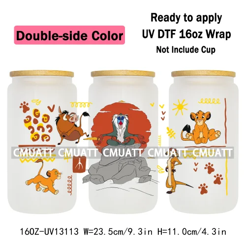 Double Side Color Cartoon Lion UV DTF Cup Wrap Transfer Stickers For 16oz Libbey Glass Beer Selfadhesive Waterproof Adhesive