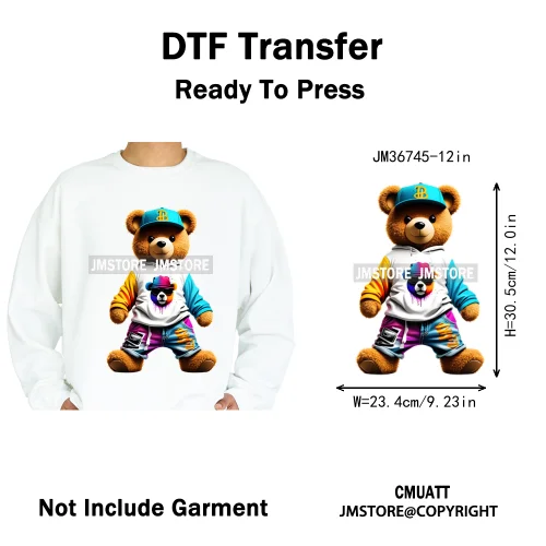 12in Cool Retro Urban Streetwear Graffiti Hip Hop Teddy Bear Iron On DTF Washable Transfers Stickers Ready to Press For Clothing