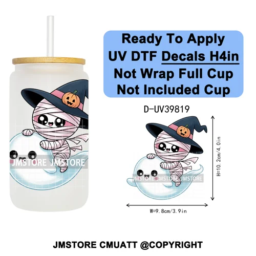 Cute Halloween Witch Ghost Sweet Boo UV DTF Decals Ready To Apply Waterproof Transfer Stickers Prints For 16OZ Libbey Glass Can