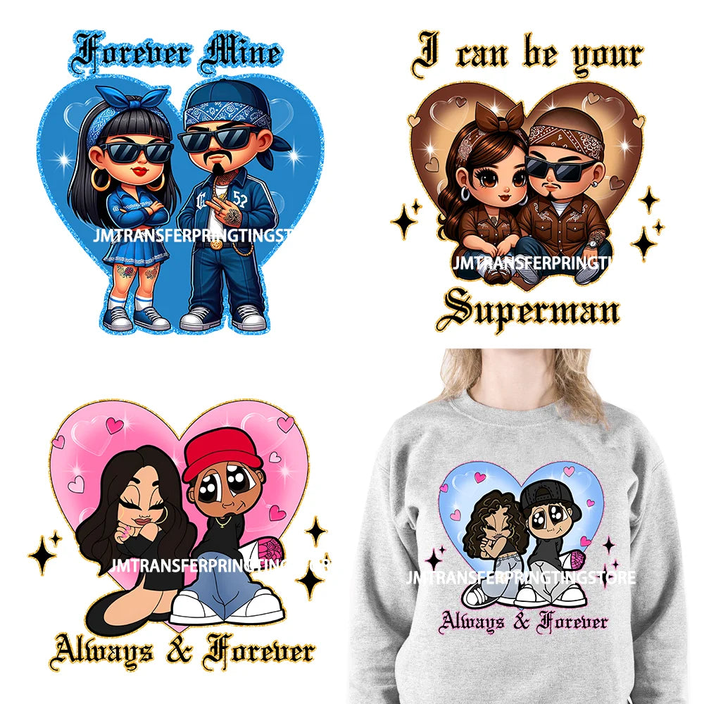 Custom Chicano Cartoon Lover Cholo Sweet Couple Forever Mine Valentines Day DTF Transfers Stickers Ready To Press For Clothes