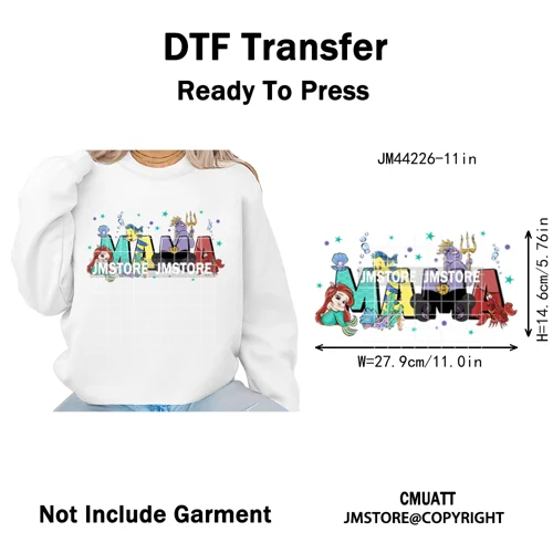 Cartoon Mama Princess Happy Mother's Day Family Vacation Iron on Washable DTF Heat Transfers Stickers Ready to Press for Hoodies