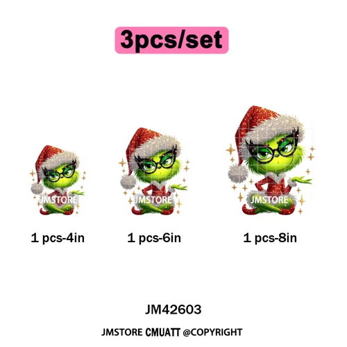 Faux Glitter Cartoon Christmas Movie Green Santa Kid Girly Xmas Iron on DTF Washable Transfer Sticker Ready to Press for Textile