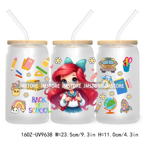 Back To School Cartoon Princess 16OZ UV Cup Wrap DTF Transfer Sticker For Libbey Glass Can Cups Tumbler Waterproof Label Teacher