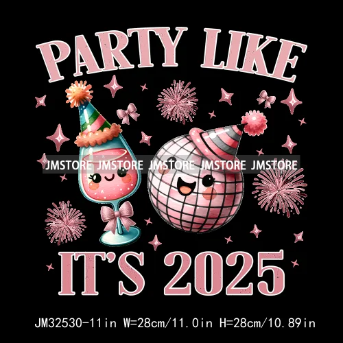 Pink Cheer New Year Eve 2025 Disco Ball Coquette Bow Christmas Party Iron On DTF Transfer ticker Ready To Press For Sweatshirt