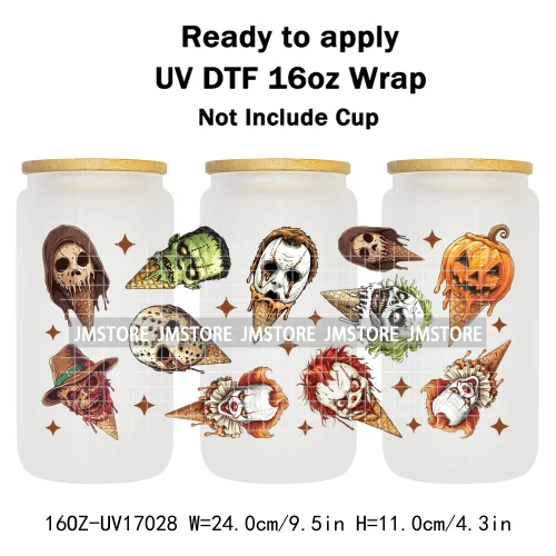 Ice Cream Halloween Killers Horror Characters UV DTF Stickers Ready To Apply Cup Wrap Custom Labels For 16OZ Libbey Can Glass