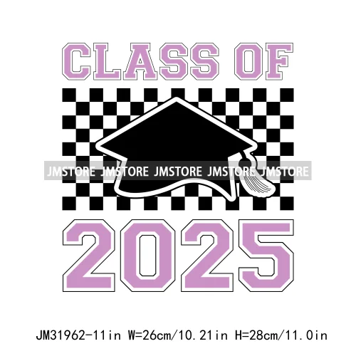 Celebrating Class Of 2025 Senior High School Proud Black Iron On DTF Heat Transfer Stickers Ready To Press For Clothing Bags