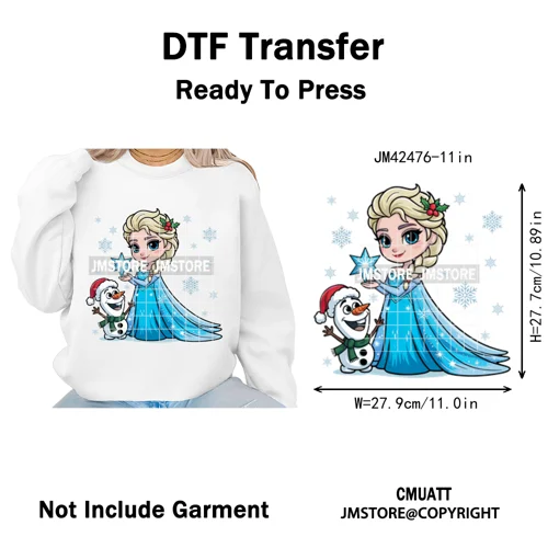 Cute Cartoon Movie Princess Christmas Winter Girly Kids Holiday Iron on DTF Washable Transfer Sticker Ready to Press for Clothes