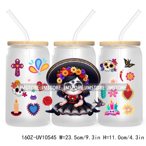 Dia De Los Muertos Mexican UV DTF Sticker For 16OZ Libbey Glass Cup Can Wrap Transfer Stickers Hispanic Halloween Sugar Skulls