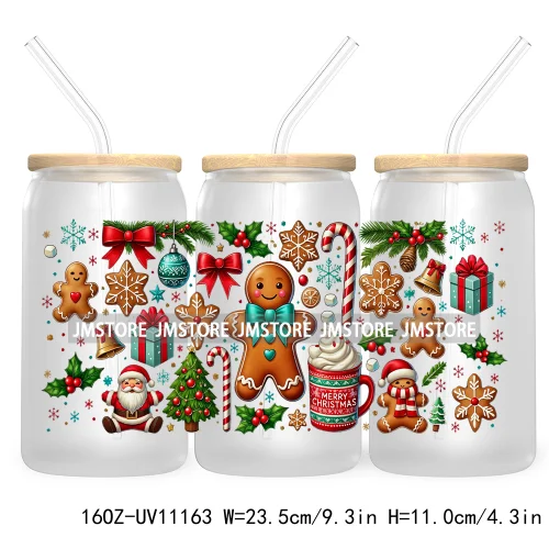 Gingerbread Coquette Bow Christmas Tree 16OZ UV DTF Cup Wrap Waterproof Transfer Stickers For Libbey Glass Can Candy Cane Bow