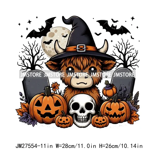 Ghost Highland Cows Western Pumpkin Skeleton Fall Dead Rip Coffin Cross Halloween DTF Iron On Transfers Stickers For Sweatshirt