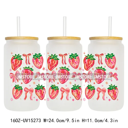 Floral Strawberry Coquette Bow 16OZ UV DTF Cup Wraps Ready To Apply Waterproof Transfer Stickers For Libbey Glass Can Tumbler