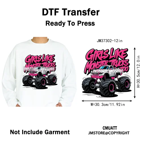 12in Monster Trucks Are My Jam Urban Graffiti Racing Rules Iron on Washable DTF Transfers Stickers Ready to Press for Clothing