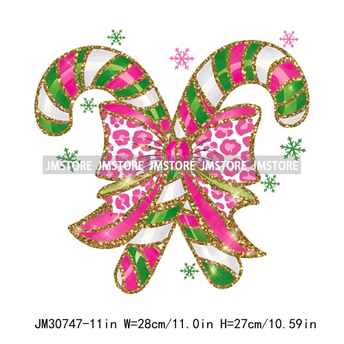 Merry Christmas Vibes Coquette Bow Faux Glitter Pink Candy Cane Decals Iron On DTF Transfer Stickers Ready To Press For Clothing