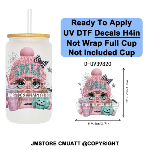Girly Halloween Ghost Pumpkin Coffee Lover UV DTF Transfer Stickers Decals Ready To Apply Waterproof For 16OZ Libbey Glass Can