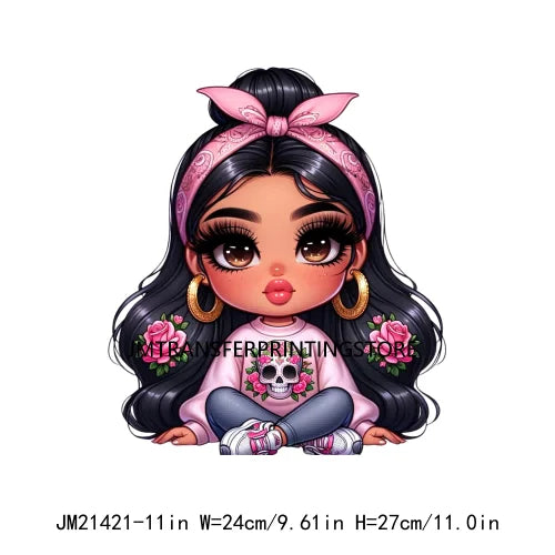 Pink Bow Long Hair Chibi Cute Chicana Doll Girls With Earing Washable Iron On DTF Transfers Stickers Designs For Sweatshirt