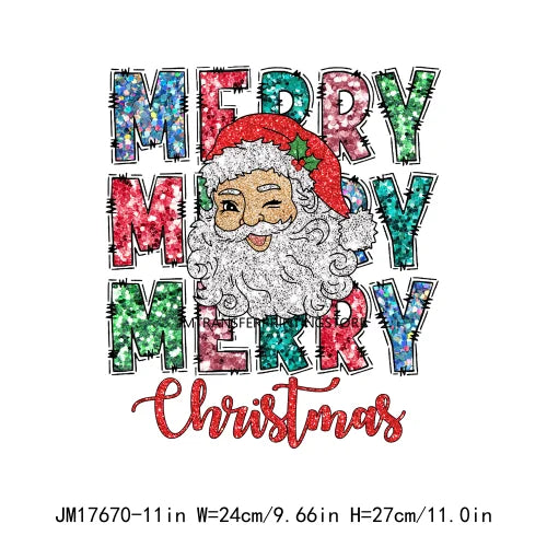 Faux Sequins Happy New Year 2024 Printing Santa Baby Reindeer Merry Christmas DTF Transfer Stickers Ready To Press For Hoodies