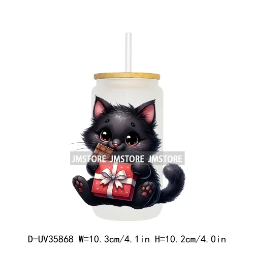 Valentine's Day Black Cat Couple UV DTF Transfer Stickers Decals Ready To Apply Waterproof For 16OZ Libbey Glass Can Cup Tumbler
