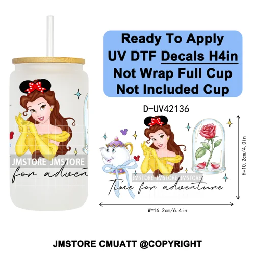 Cartoon Mouse Head Princess Family Vacation UV DTF Decals Ready To Apply Waterproof Transfer Stickers For 16OZ Libbey Glass Can