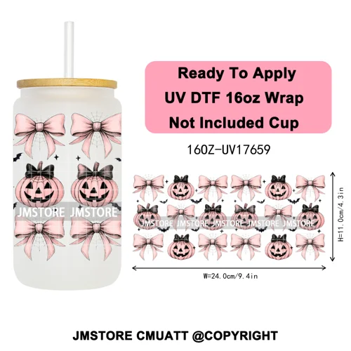 Halloween Fall Autumn Pumpkins Coquette Leopard Bow UV DTF Cup Wrap 16OZ Ready To Apply Transfer Stickers For Libbey Glass Can