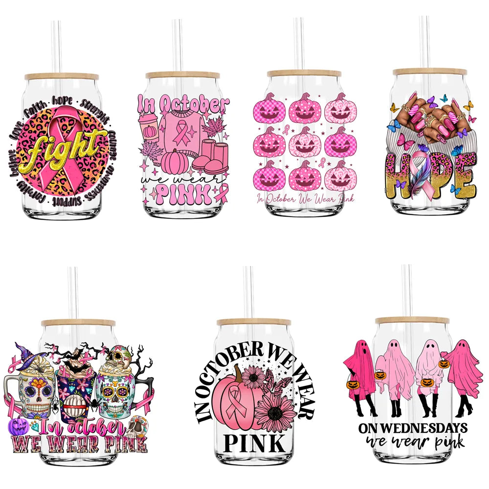 Pink October Breast Cancer UV DTF Transfers Stickers Decals For Libbey Cold Cups Mugs Tumbler Waterproof DIY Craft