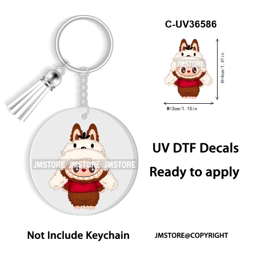 Coquette Bow Cartoon Monsters Doll In Costume Decal Round Keychain Ready To Apply UV DTF Transfer Stickers For Circle Keychain