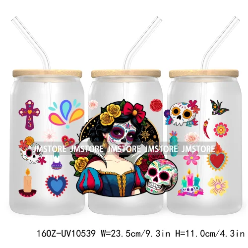 Dia De Los Muertos Mexican UV DTF Sticker For 16OZ Libbey Glass Cup Can Wrap Transfer Stickers Hispanic Halloween Sugar Skulls