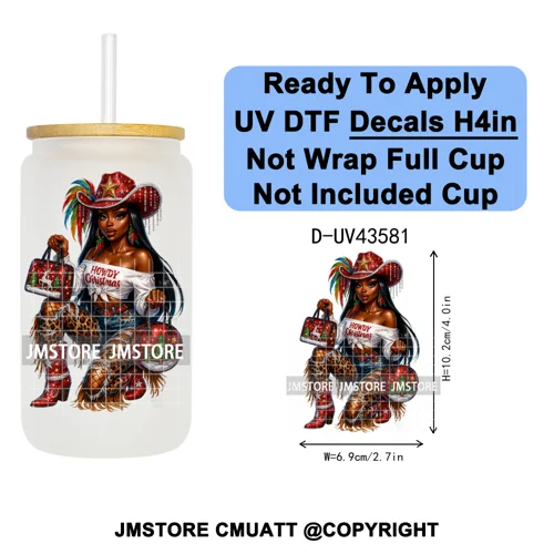 Howdy Afro Black Cowgirl Christmas UV DTF Decals Ready To Apply Waterproof Transfer Stickers For 16OZ Libbey Glass Can Bottle