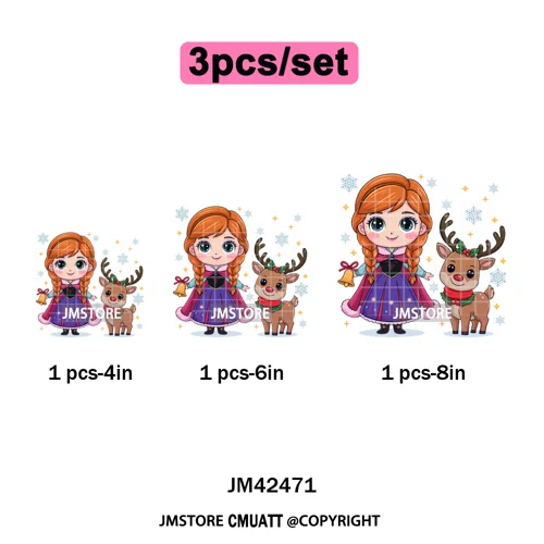 Cute Cartoon Movie Princess Christmas Winter Girly Kids Holiday Iron on DTF Washable Transfer Sticker Ready to Press for Clothes